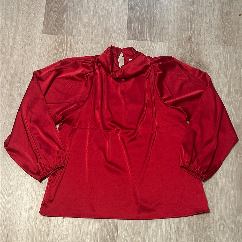 Shop The Mint Wide Sleeve Gathered Neckline Red Satin Blouse sz Medium